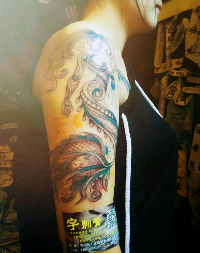 美人鱼纹身图片_臀部清新动物原创小图未完成成品手稿纹身图案