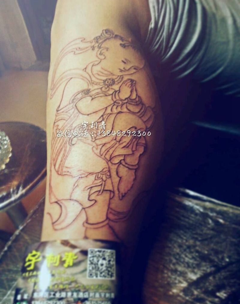 顽童子纹身图片_腿部传统习俗人物原创未完成成品手稿纹身图案