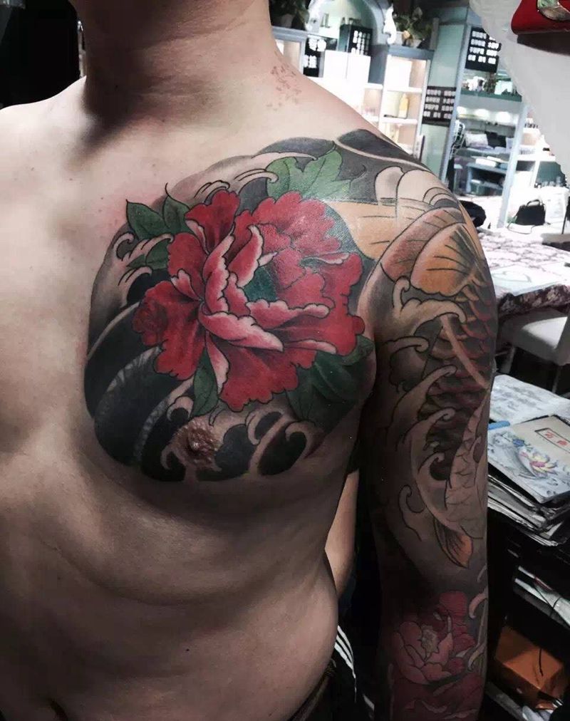 牡丹纹身图片_成品肩部胸部传统植物纹身图案