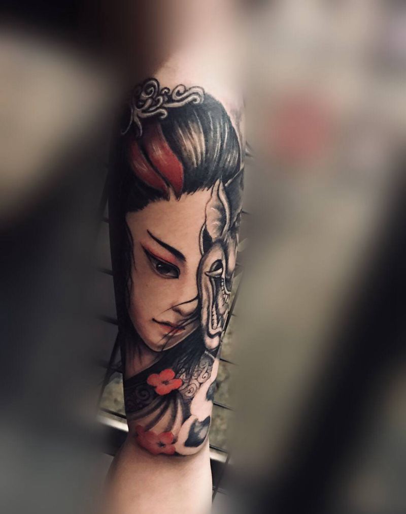 艺妓纹身图片_手臂老传统欧美写实纹身图案