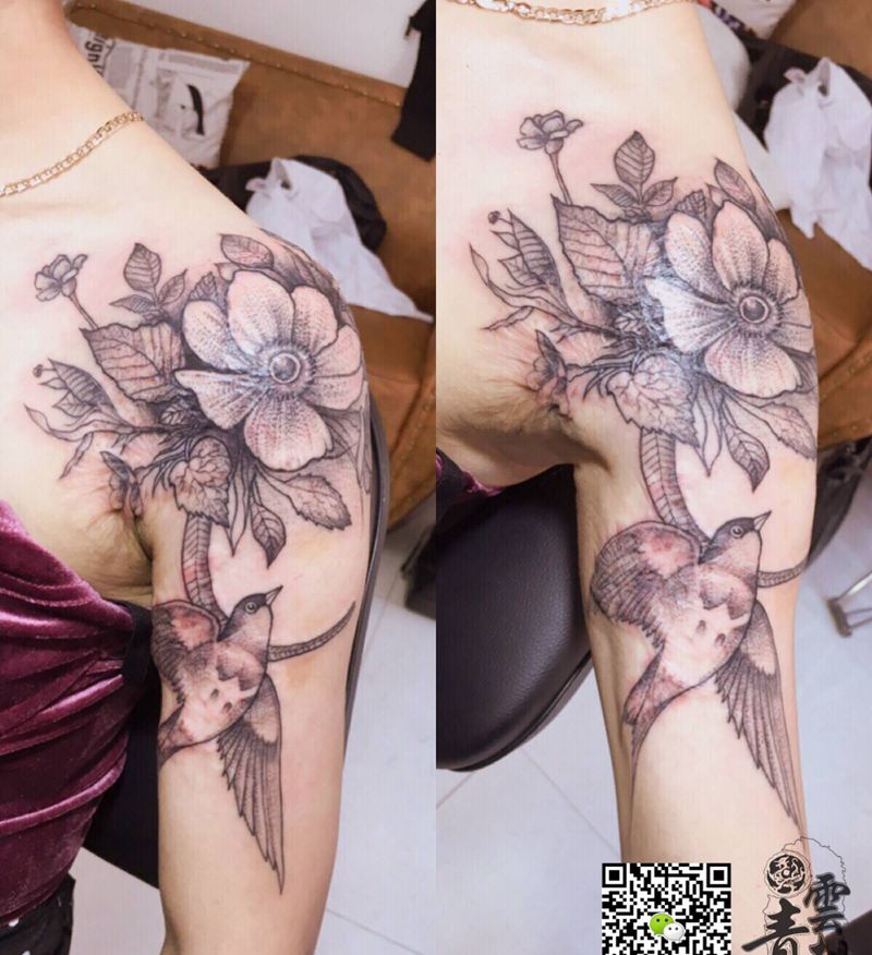 素花 疤痕遮盖纹身图片_手臂肩部点刺纹身图案