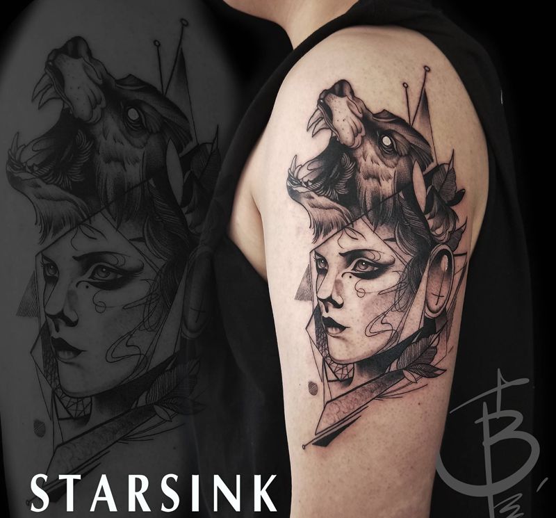 Blackwork纹身图片_手臂New School暗黑纹身图案