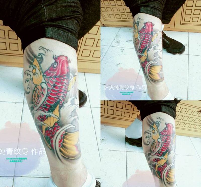 锦鲤   完成一个月后纹身图片_腿部传统动物成品纹身图案