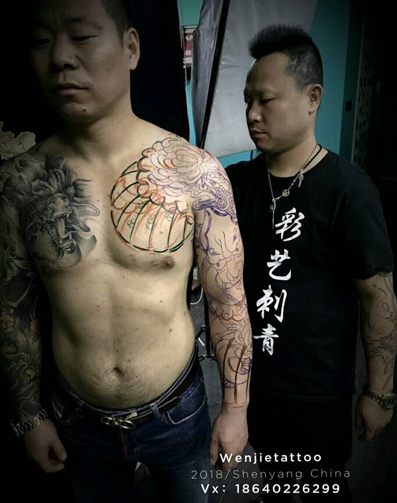 老传统般若菊花基础线纹身图片_手臂老传统纹身图案