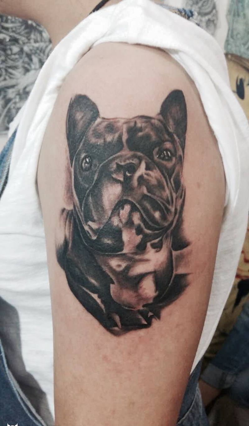 法牛纹身图片_成品肩部写实动物纹身图案