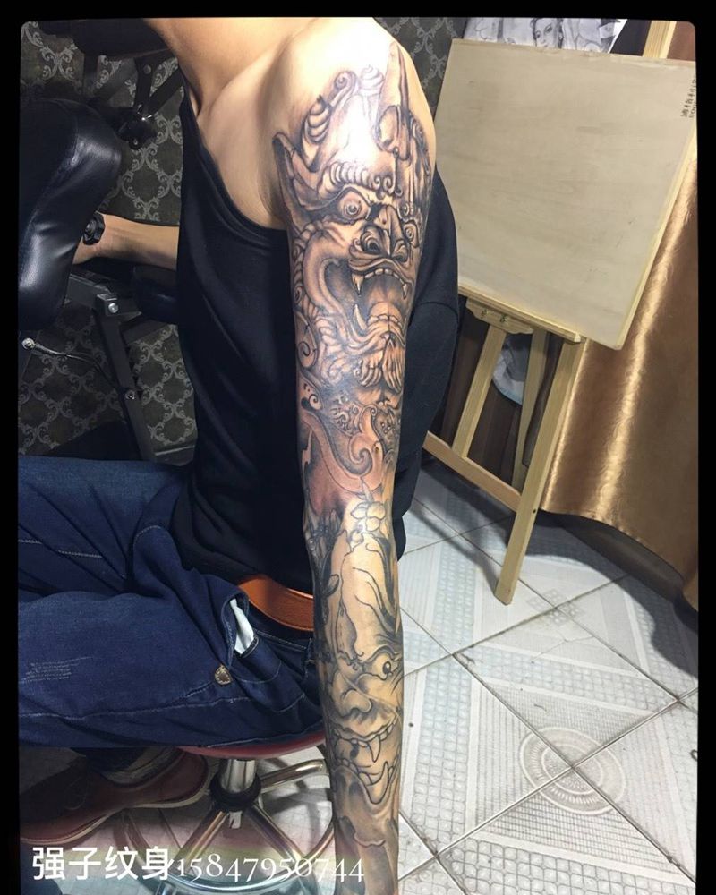 唐狮般若花臂纹身图片