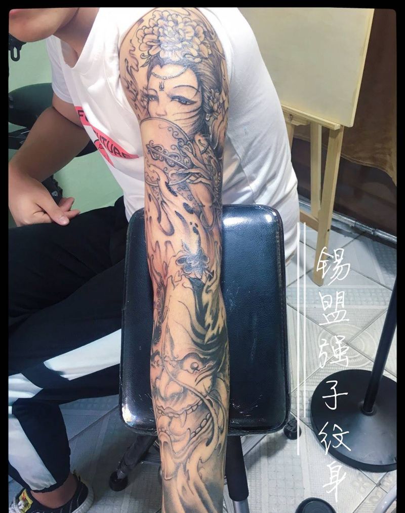 般若艺妓花臂纹身图片_成品手臂传统人物纹身图案
