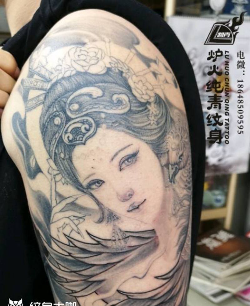 艺妓花臂纹身图片_肩部手臂新传统老传统纹身图案