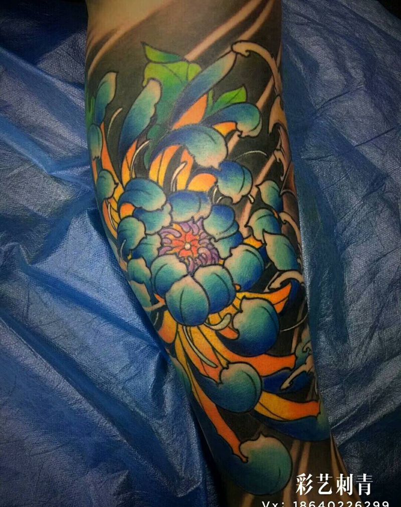 包小腿完成，店长作品纹身图片_腿部新传统纹身图案