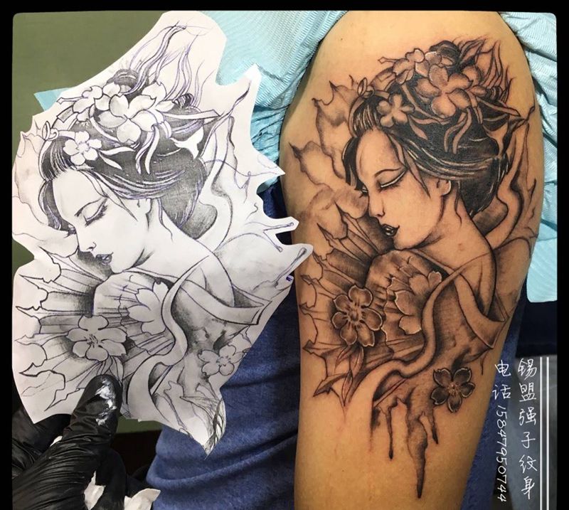 日式艺妓纹身图片_成品手臂传统人物纹身图案