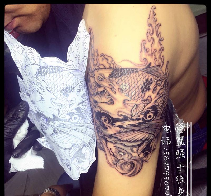鲤鱼 般若纹身图片_成品手臂传统纹身图案