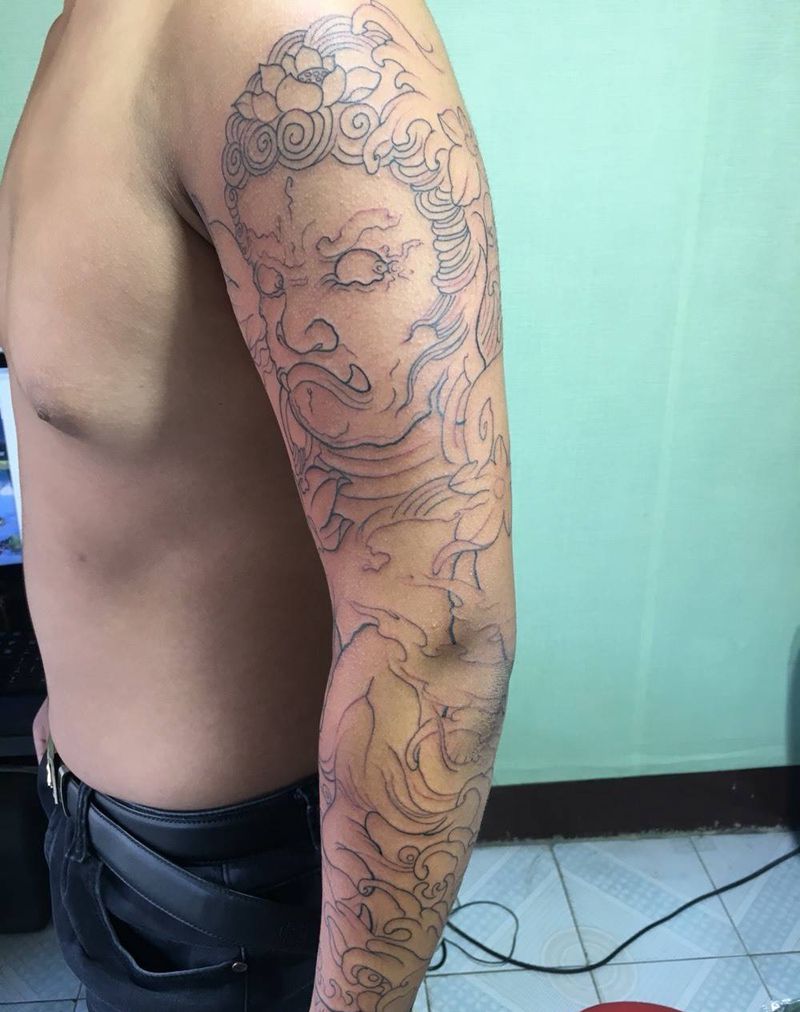 不动明王 般若 花臂 未完纹身图片_手臂传统鬼神纹身图案