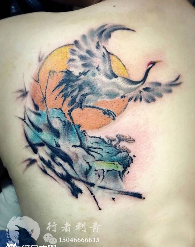 鹤纹身图片_肩部传统国画成品纹身图案