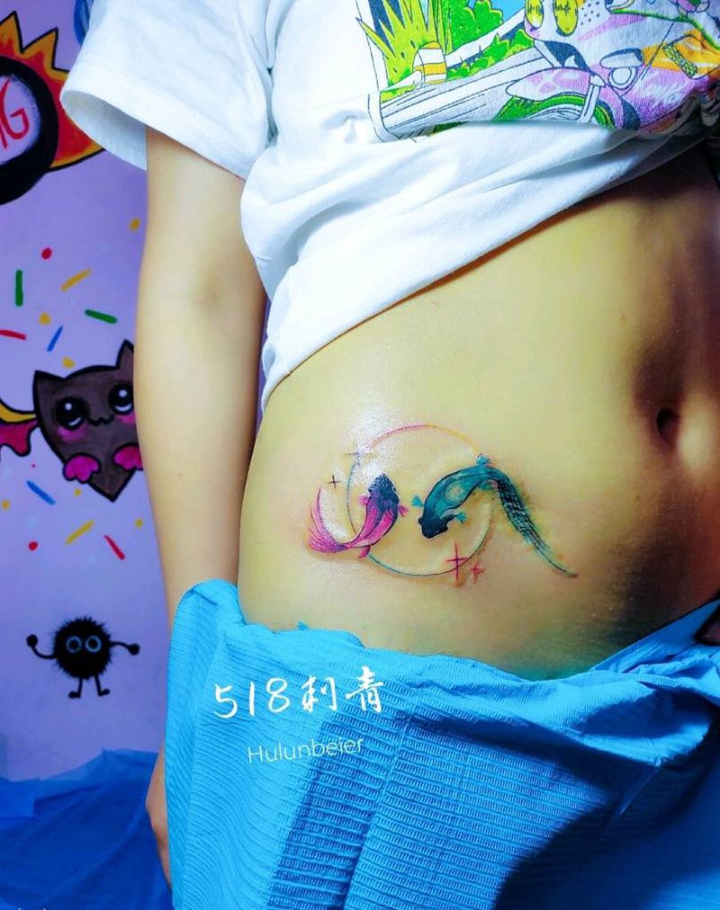 鱼，遮盖疤痕纹身图片_腹部新传统纹身图案