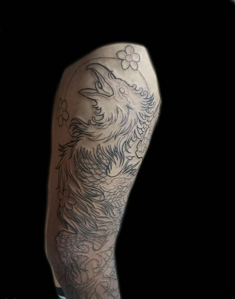 花腿凤凰线条纹身图片_腿部老传统新传统凤凰纹身图案