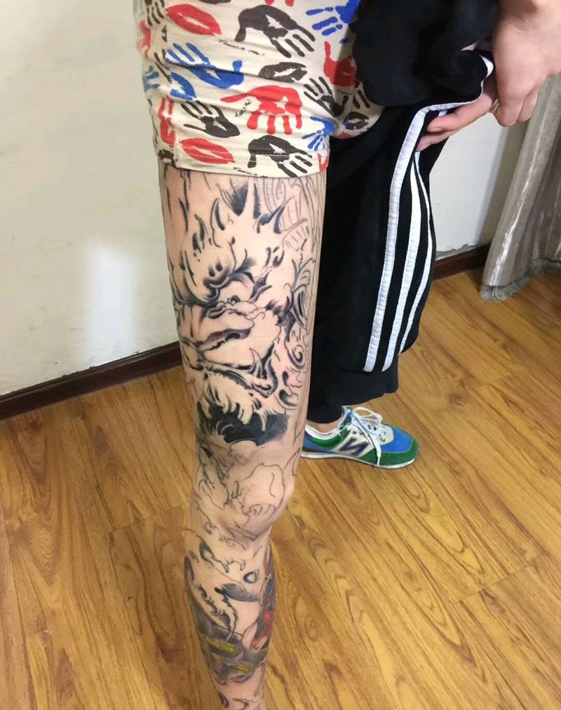 花腿唐狮  未完纹身图片