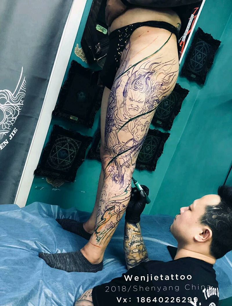 新传统花腿，开工纹身图片_腿部新传统纹身图案