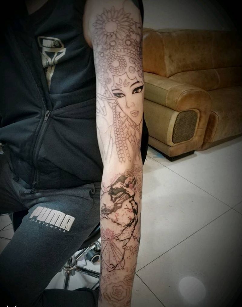 痴纹身图片_手臂新传统水墨花旦古风美女国画纹身图案