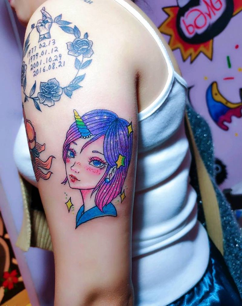 独角兽女孩纹身图片_New School水彩纹身图案