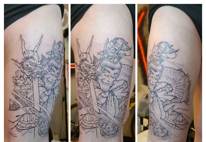 悟空斗战胜佛纹身图片_腿部新传统老传统孙悟空斗战胜佛花腿纹身图案