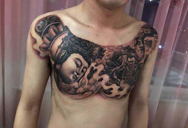 悟纹身图片_胸部新传统欧美写实纹身图案