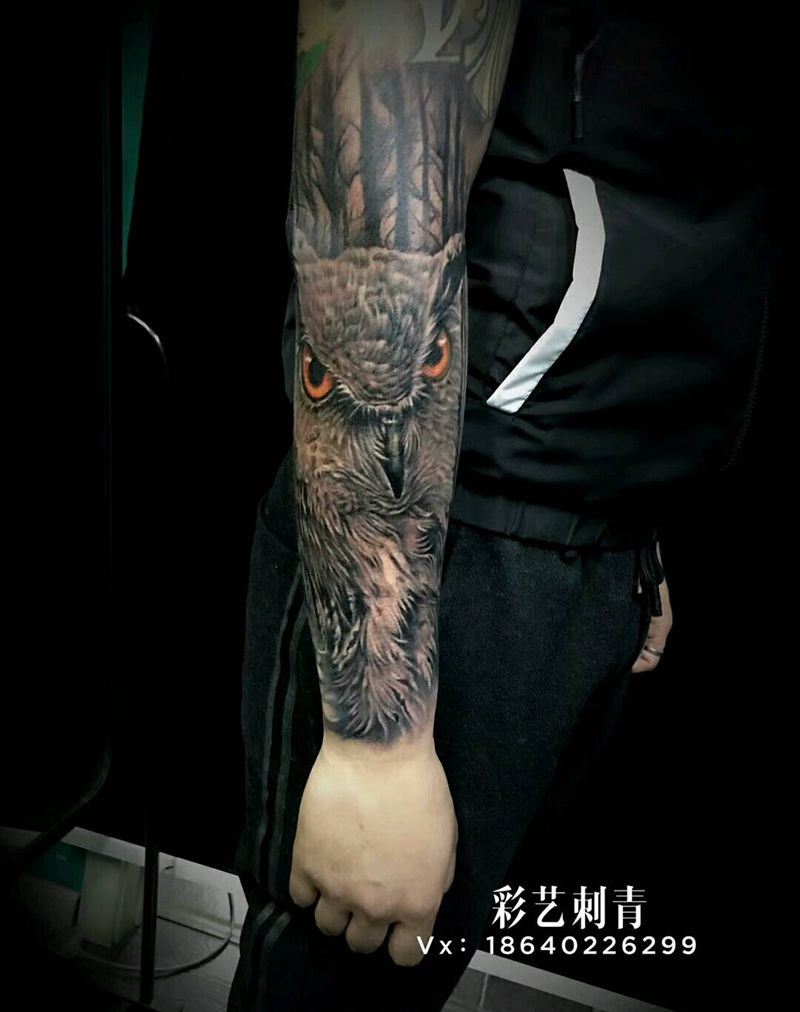 猫头鹰，店长作品纹身图片_手臂欧美写实纹身图案
