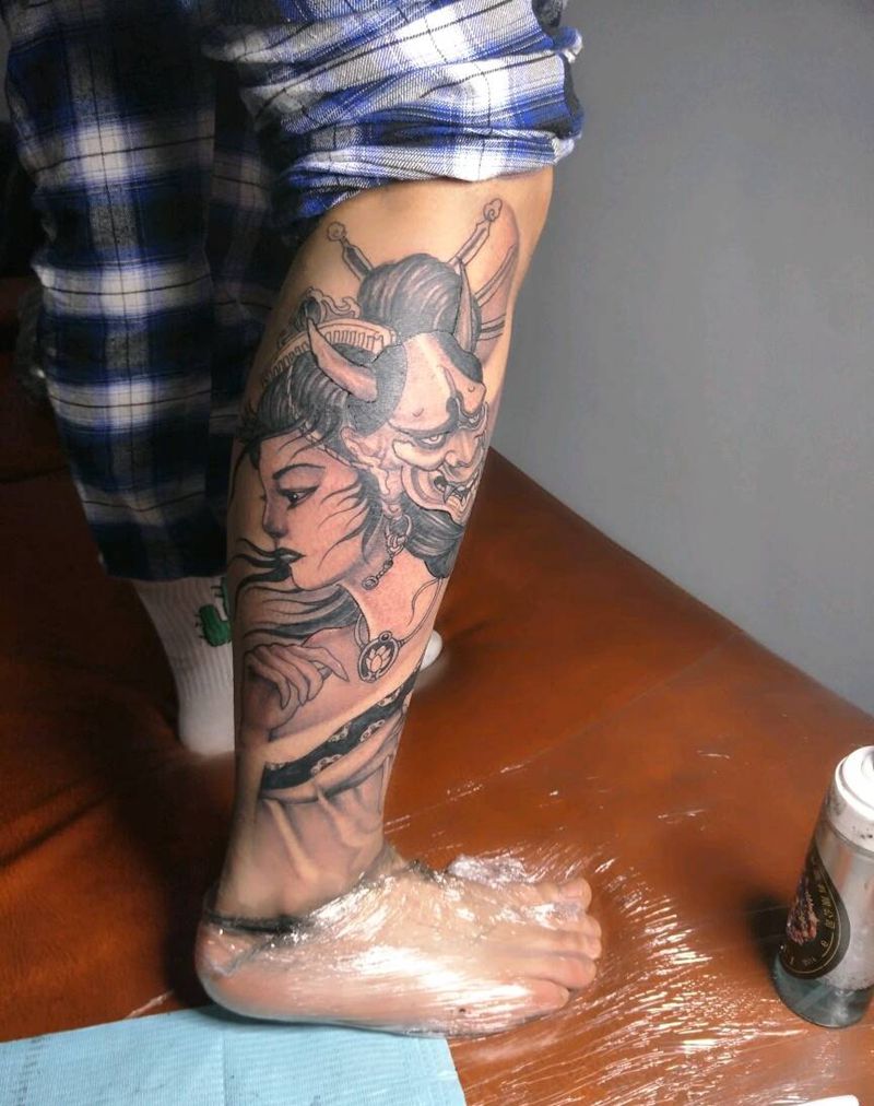 艺妓纹身图片_腿部传统人物成品纹身图案