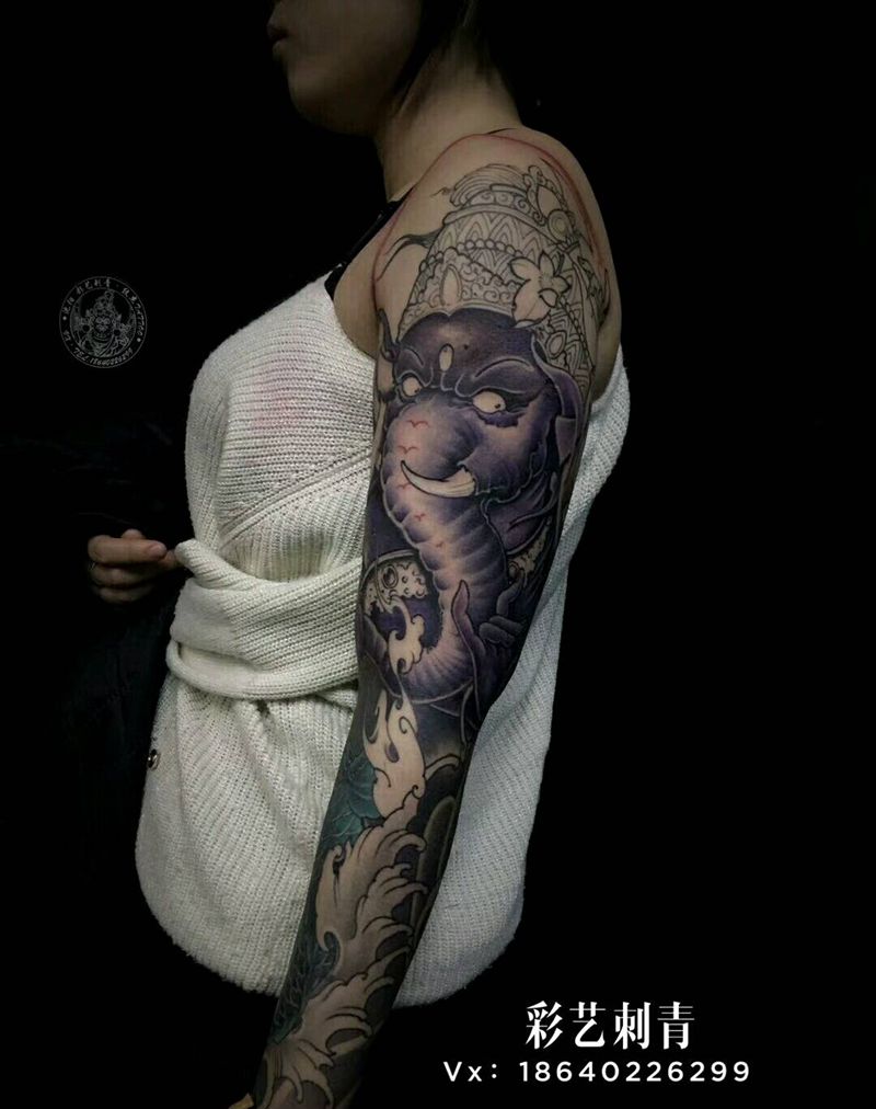 象神花臂未完，店长作品纹身图片_手臂手部新传统New School纹身图案