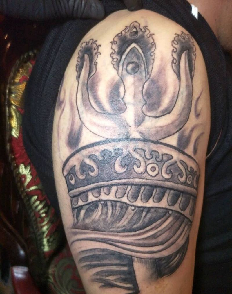 苏力德遮盖旧图纹身图片_手臂肩部新传统蒙古纹身图案