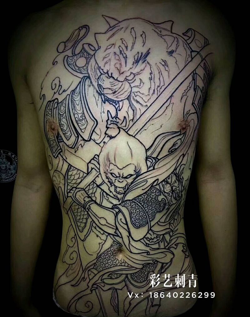 悟空与老虎基础线纹身图片_胸部新传统纹身图案