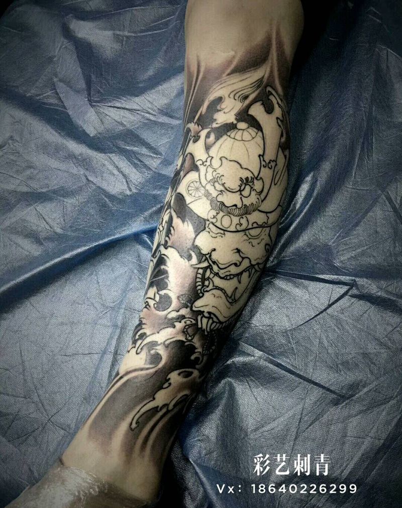 鬼武士未完纹身图片_腿部新传统纹身图案