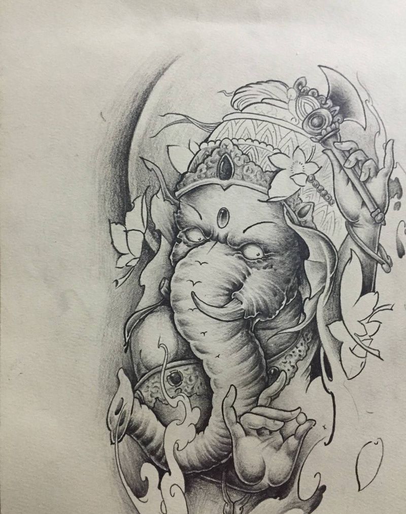 还没画完的象神纹身图片