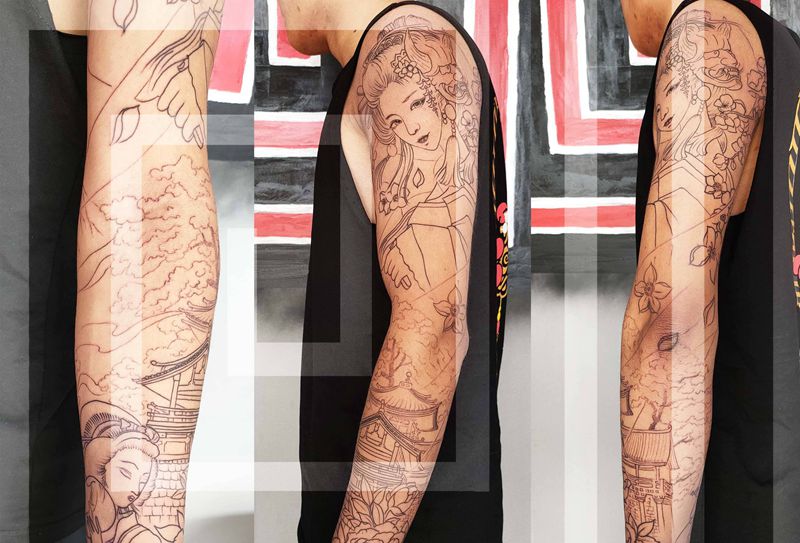 富士山下纹身图片_新传统浮世绘富士山艺伎纹身图案