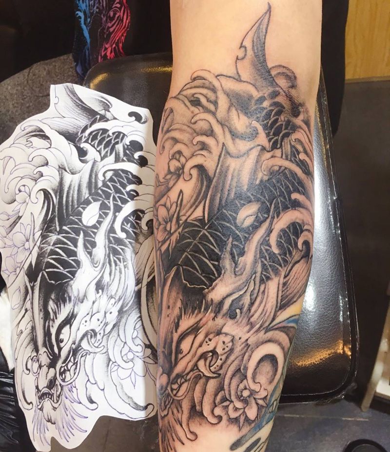 鳌鱼纹身图片_手臂传统动物未完纹身图案