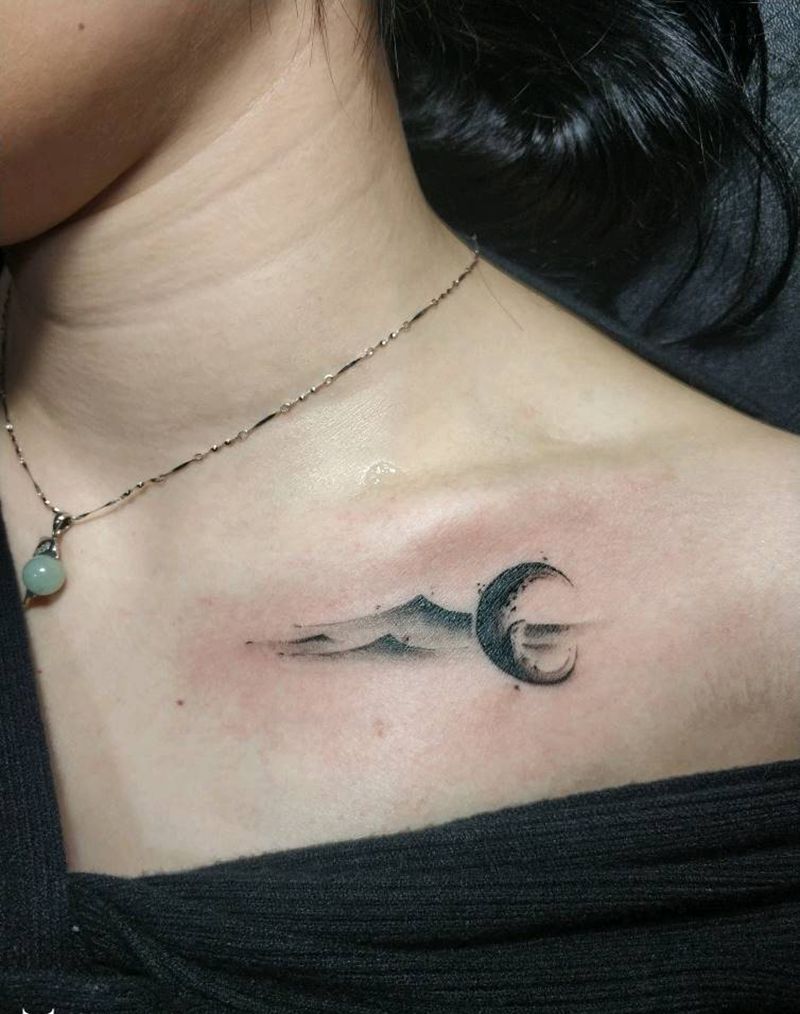 山月纹身图片_颈部水墨点刺小清新纹身图案