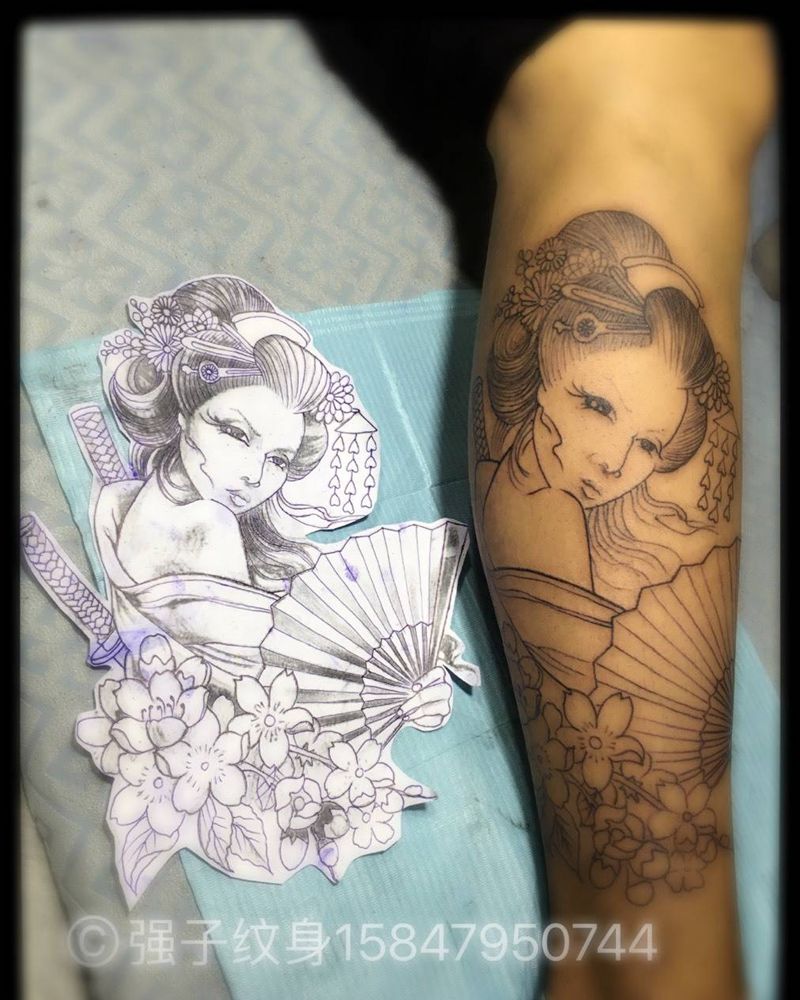 小腿艺妓 未完纹身图片