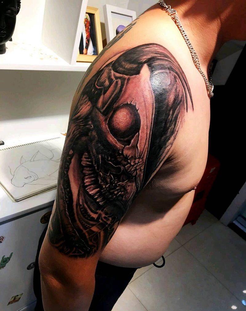 牛头骨纹身图片_肩部手臂欧美写实动物鬼神宗教原创成品纹身图案