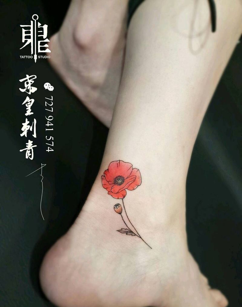 小清新罂粟花纹身图片_脚部清新植物罂粟成品纹身图案