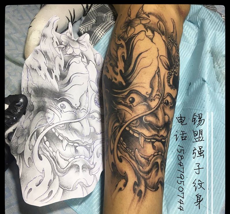 般若纹身图片_成品腿部传统鬼神纹身图案