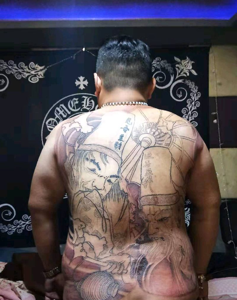 满背黑白无常 不动明王作品展示纹身图片_背部臀部新传统纹身图案