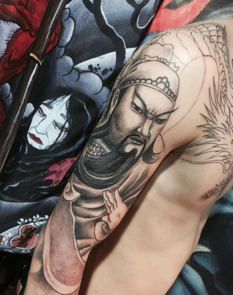 关公纹身图片_成品肩部传统人物纹身图案