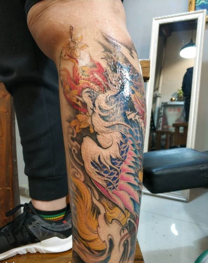 凤凰纹身图片_腿部新传统凤凰纹身图案