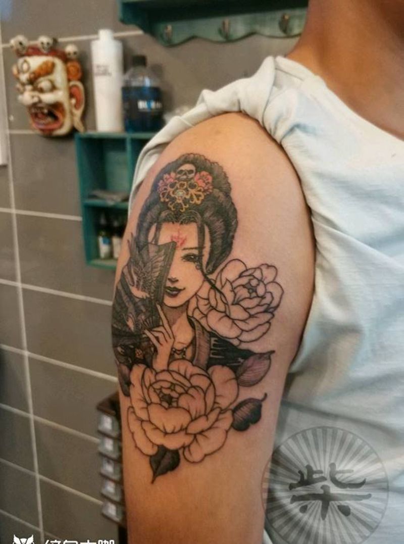 古风PLMM纹身图片_手臂新传统水彩艺伎纹身图案