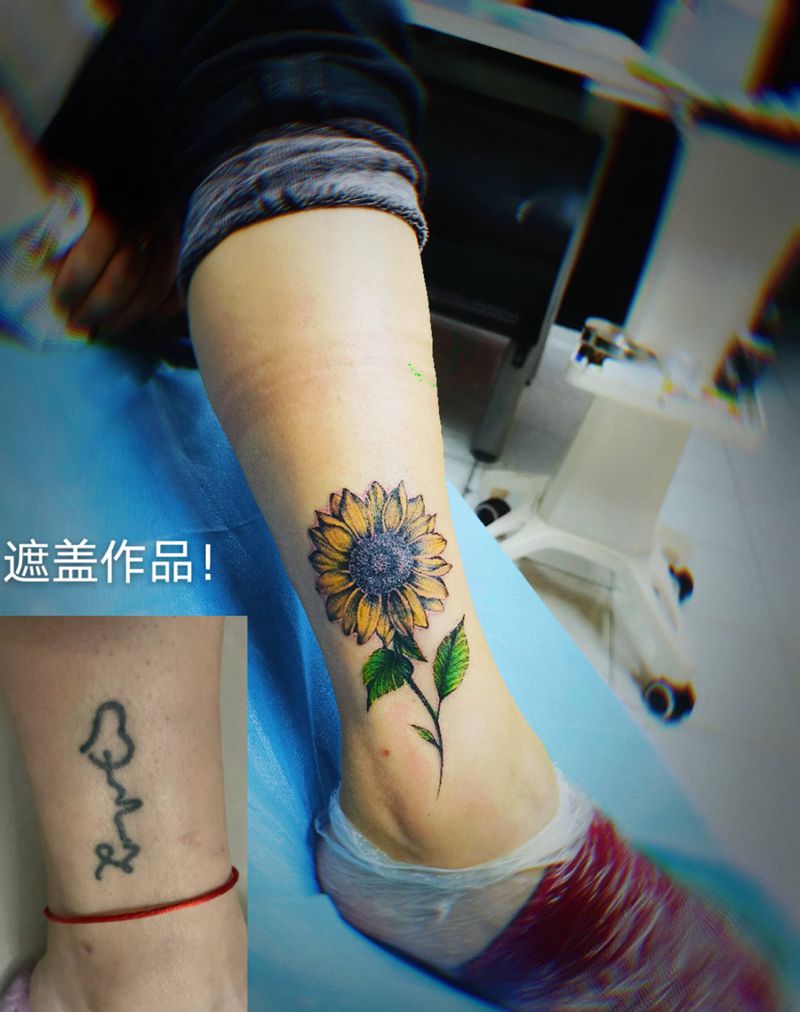 遮盖纹身图片_腿部点刺水彩纹身图案