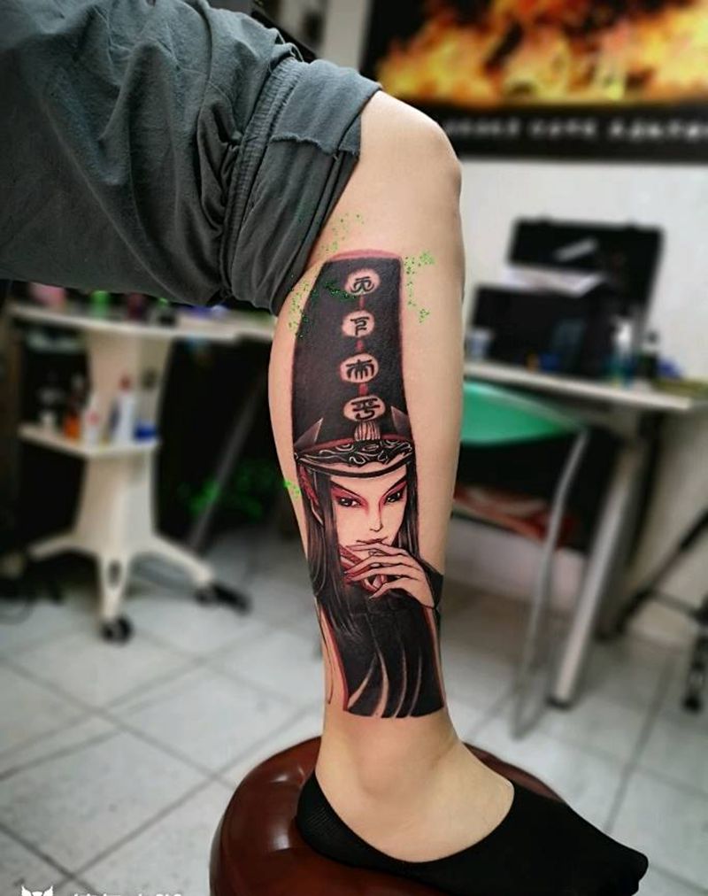 黑无常纹身图片_腿部新传统纹身图案