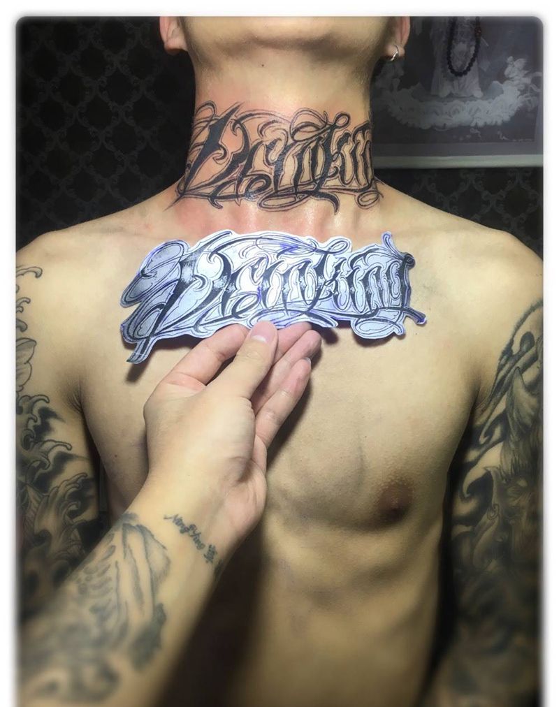 英文花体字纹身图片_成品颈部欧美字符纹身图案