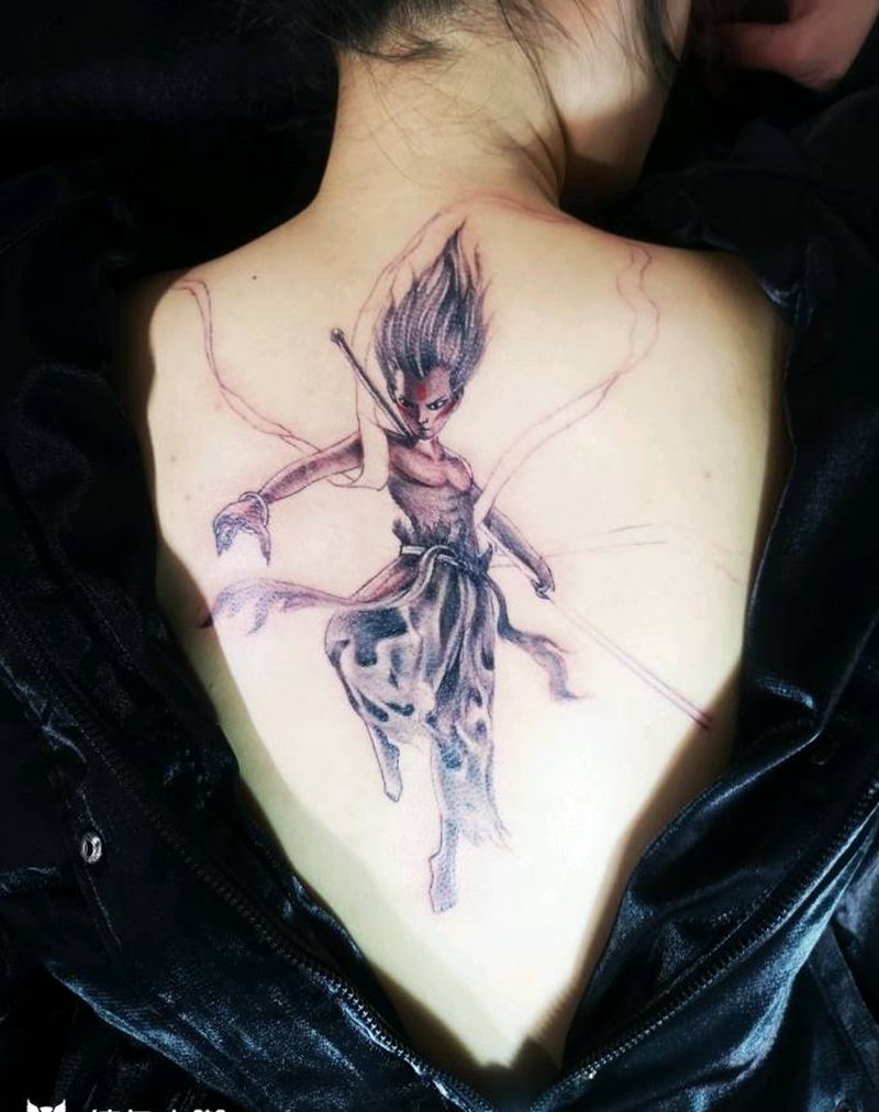 哪吒纹身图片_背部新传统纹身图案