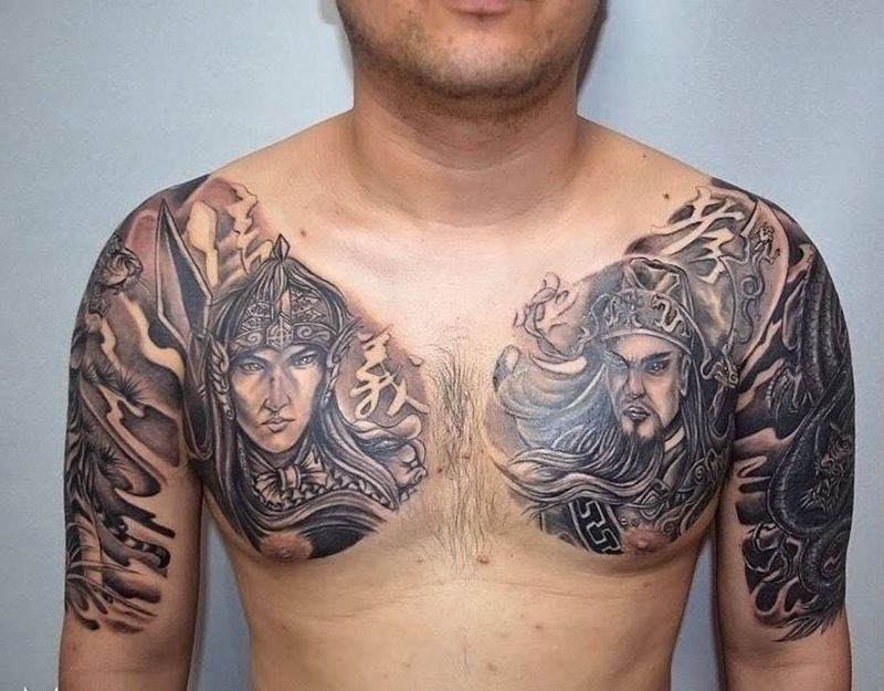 人物半甲纹身图片_成品胸部手臂传统肖像写实人物图腾纹身图案