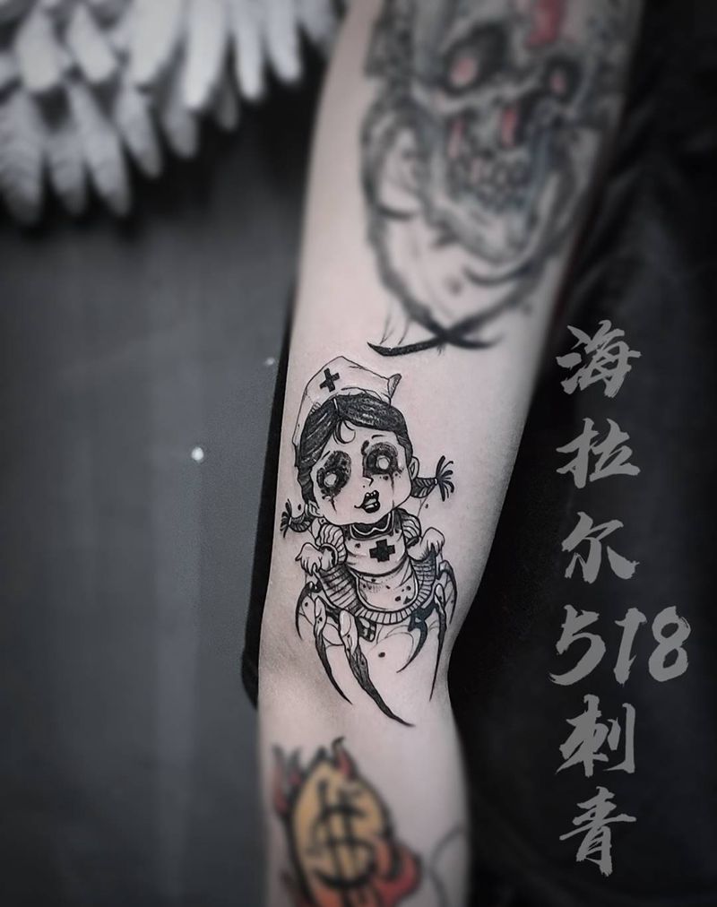 暗黑蜘蛛护士纹身图片_手臂blackwork暗黑纹身图案