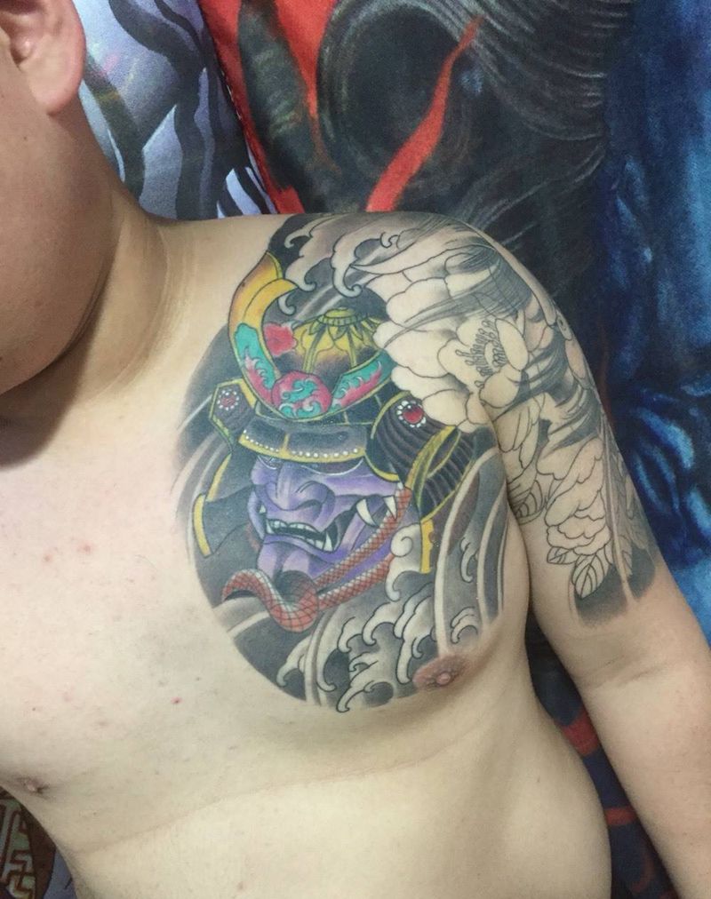 恢复完...丰臣秀吉纹身图片_成品胸部传统鬼神纹身图案